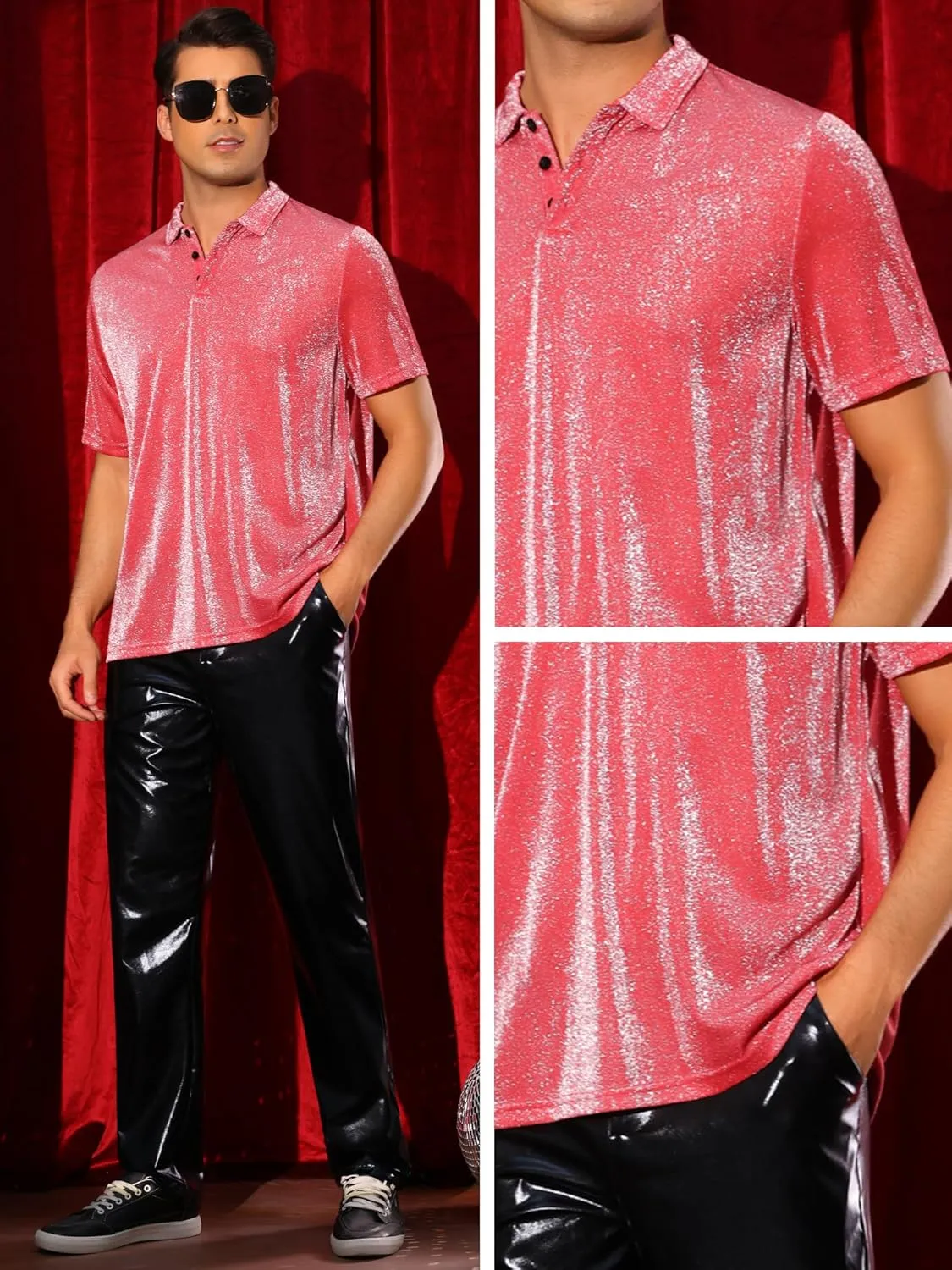 Lars Amadeus Glitter Shirts for Men's Sparkly Tops Short Sleeve Disco Metallic Polo