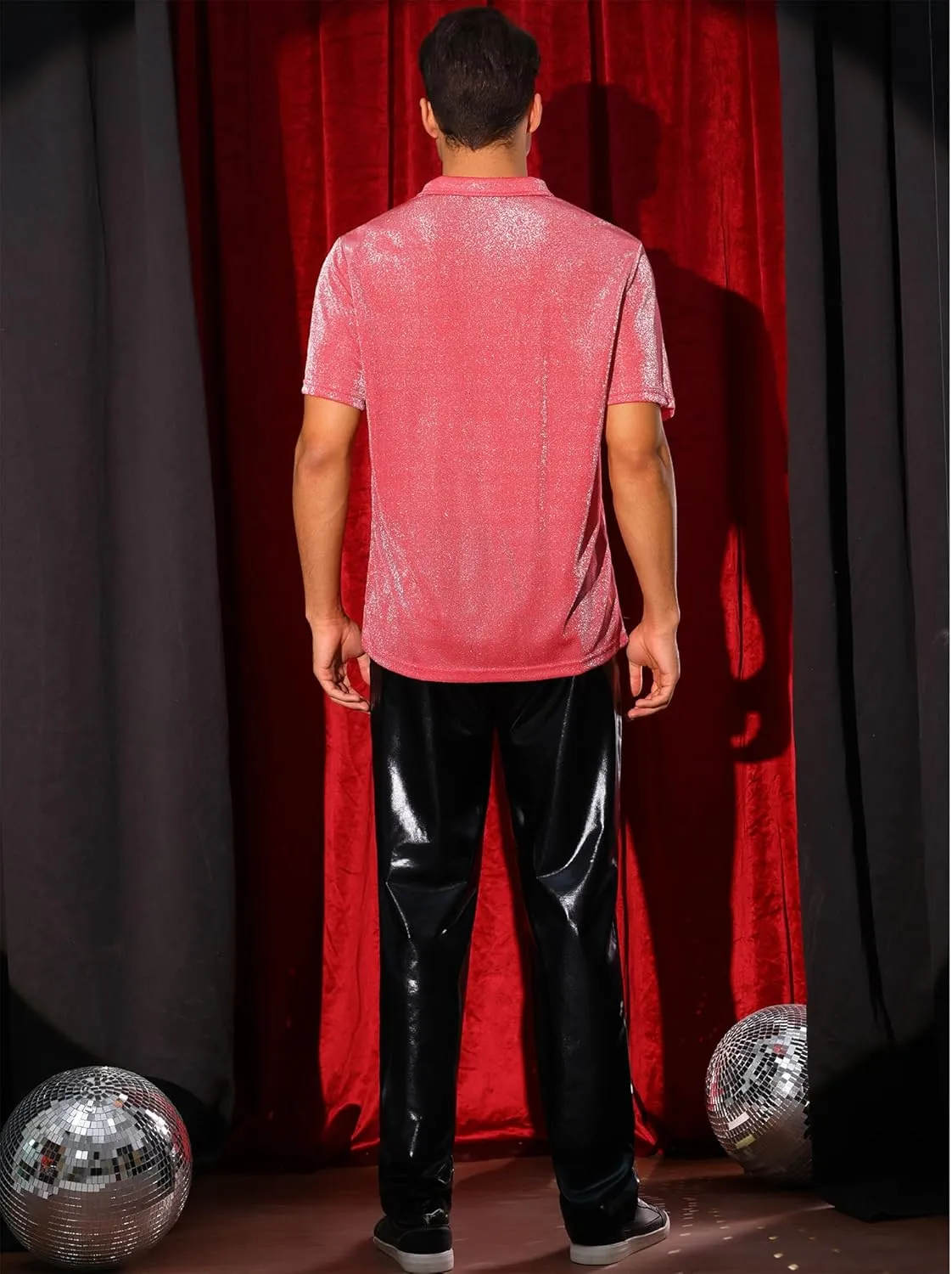 Lars Amadeus Glitter Shirts for Men's Sparkly Tops Short Sleeve Disco Metallic Polo