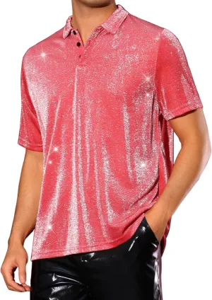 Lars Amadeus Glitter Shirts for Men's Sparkly Tops Short Sleeve Disco Metallic Polo