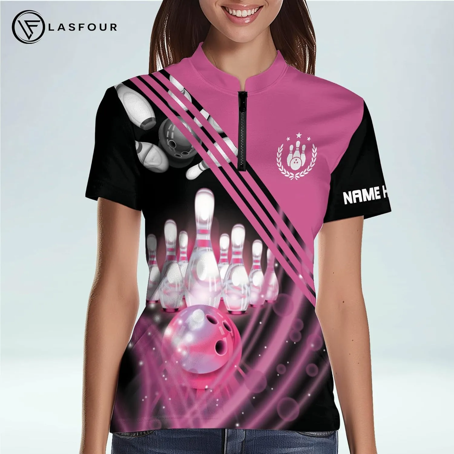 LASFOUR Personalized 3D Funny Heartbeat Pulse Line Pink Bowling Shirts for Women, Custom Bowling Jerseys Shirt for Women