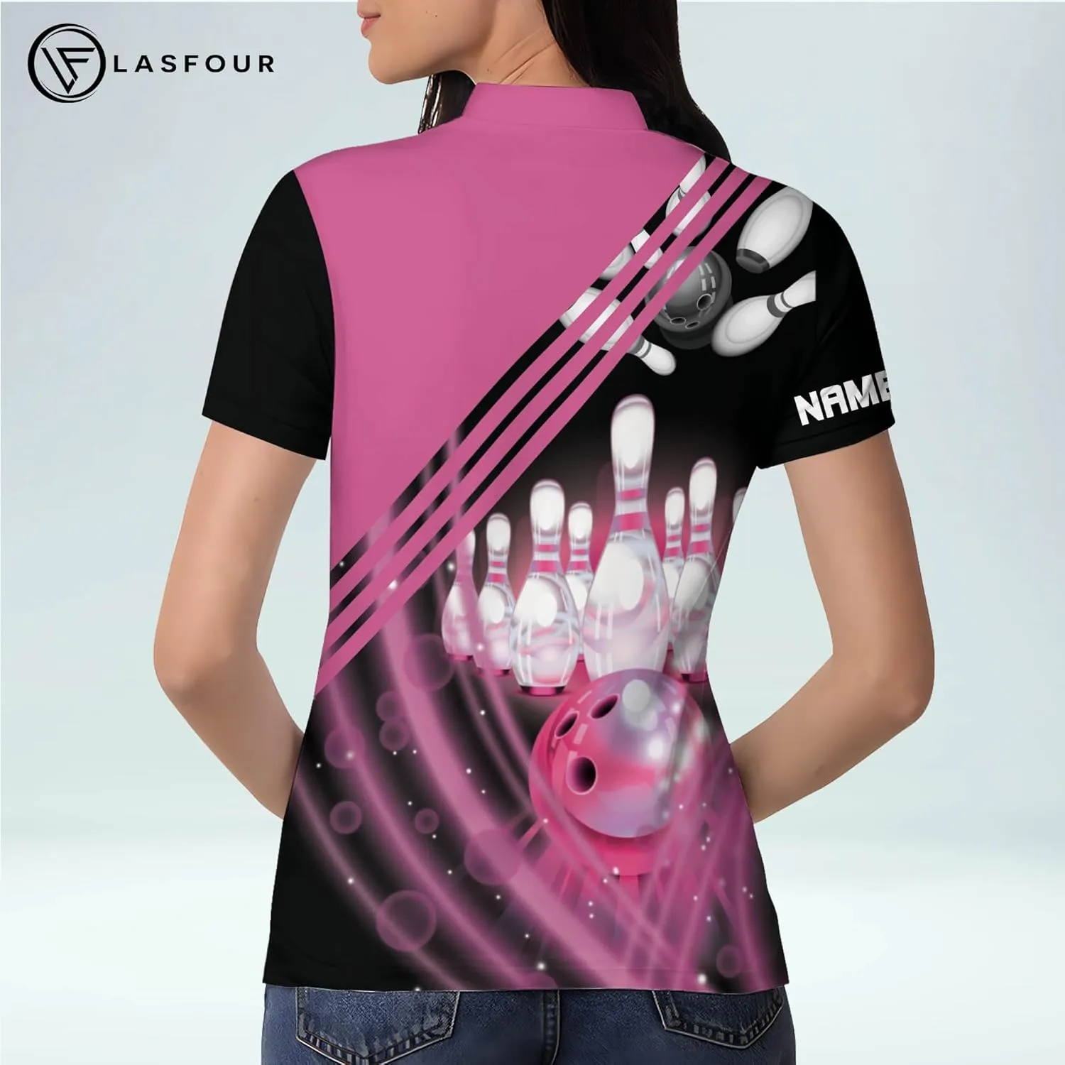 LASFOUR Personalized 3D Funny Heartbeat Pulse Line Pink Bowling Shirts for Women, Custom Bowling Jerseys Shirt for Women