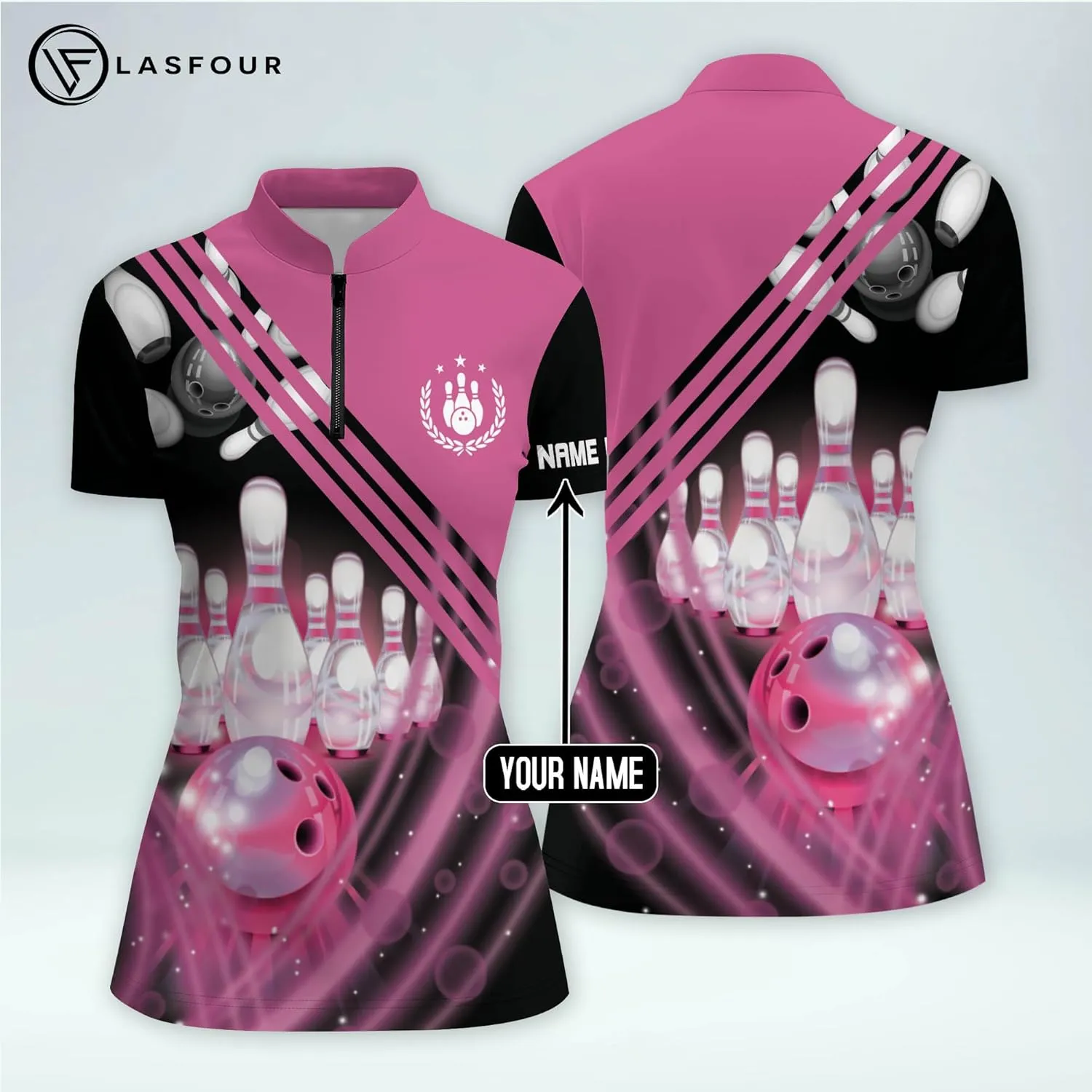 LASFOUR Personalized 3D Funny Heartbeat Pulse Line Pink Bowling Shirts for Women, Custom Bowling Jerseys Shirt for Women