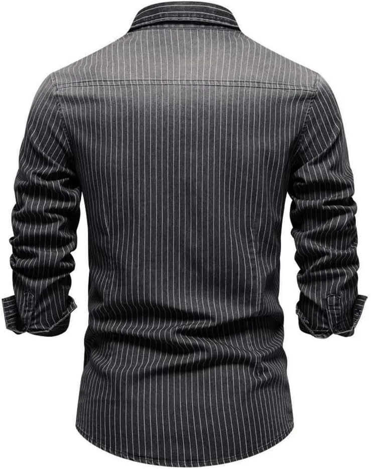 LONGBIDA Mens Denim Shirt Button Down Long Sleeve Casual Slim Fit Shirts