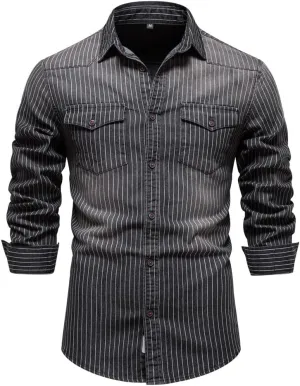 LONGBIDA Mens Denim Shirt Button Down Long Sleeve Casual Slim Fit Shirts
