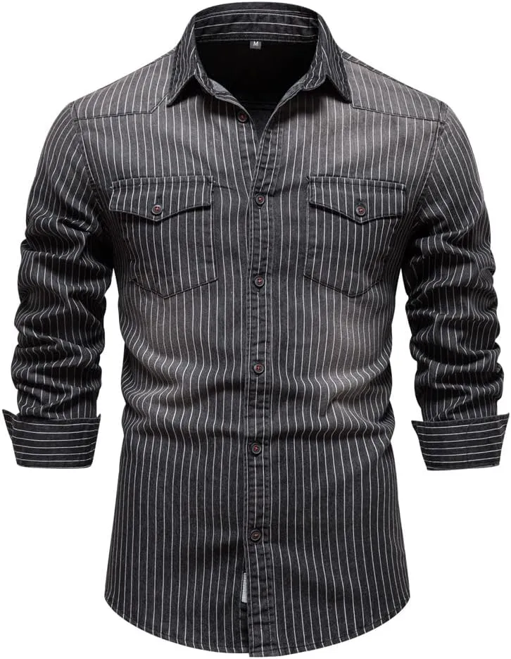 LONGBIDA Mens Denim Shirt Button Down Long Sleeve Casual Slim Fit Shirts