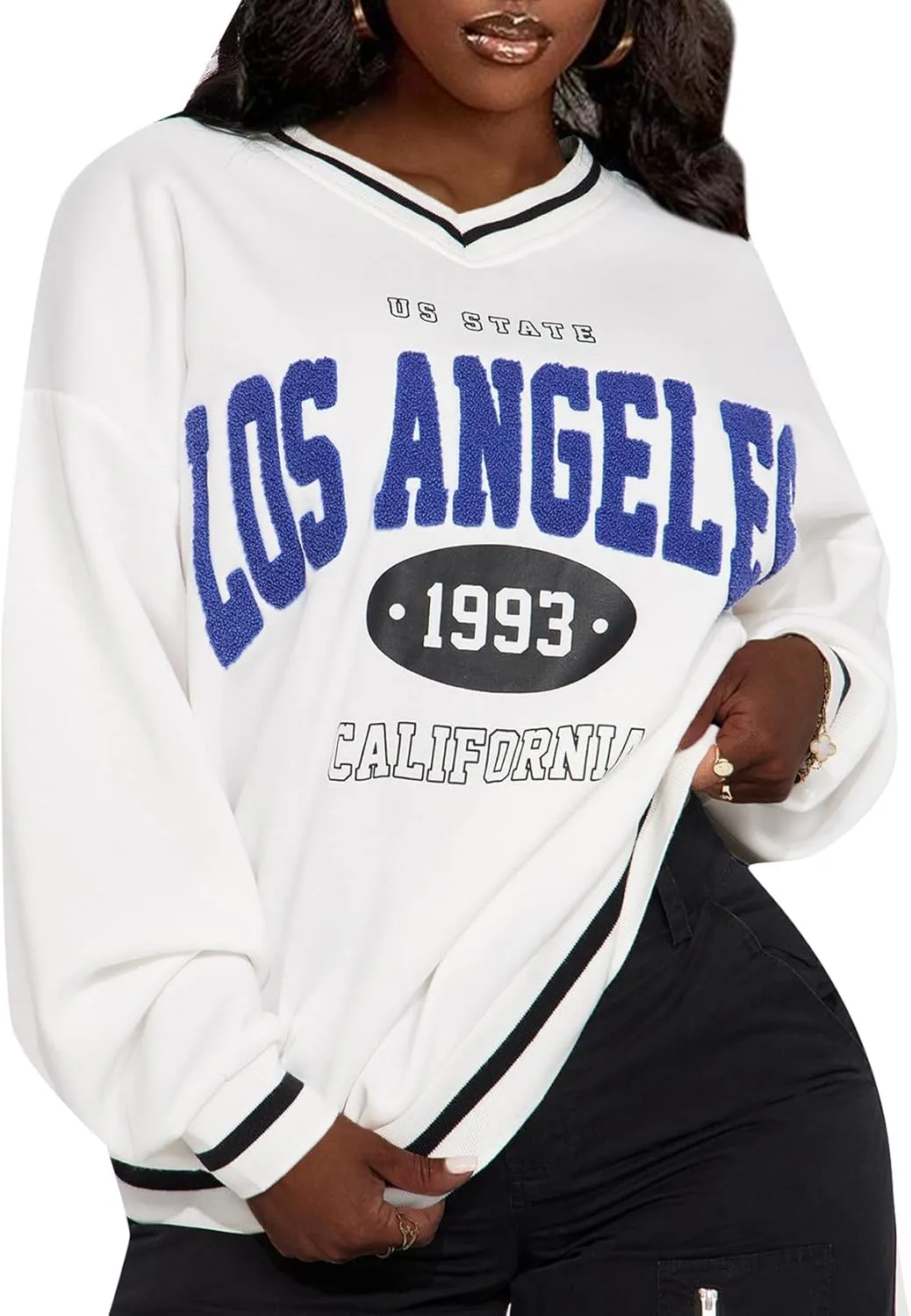LovelyWholesale Women Oversized Graphic Sweatshirt Los Angeles Long Sleeve Shirts V Neck Tops
