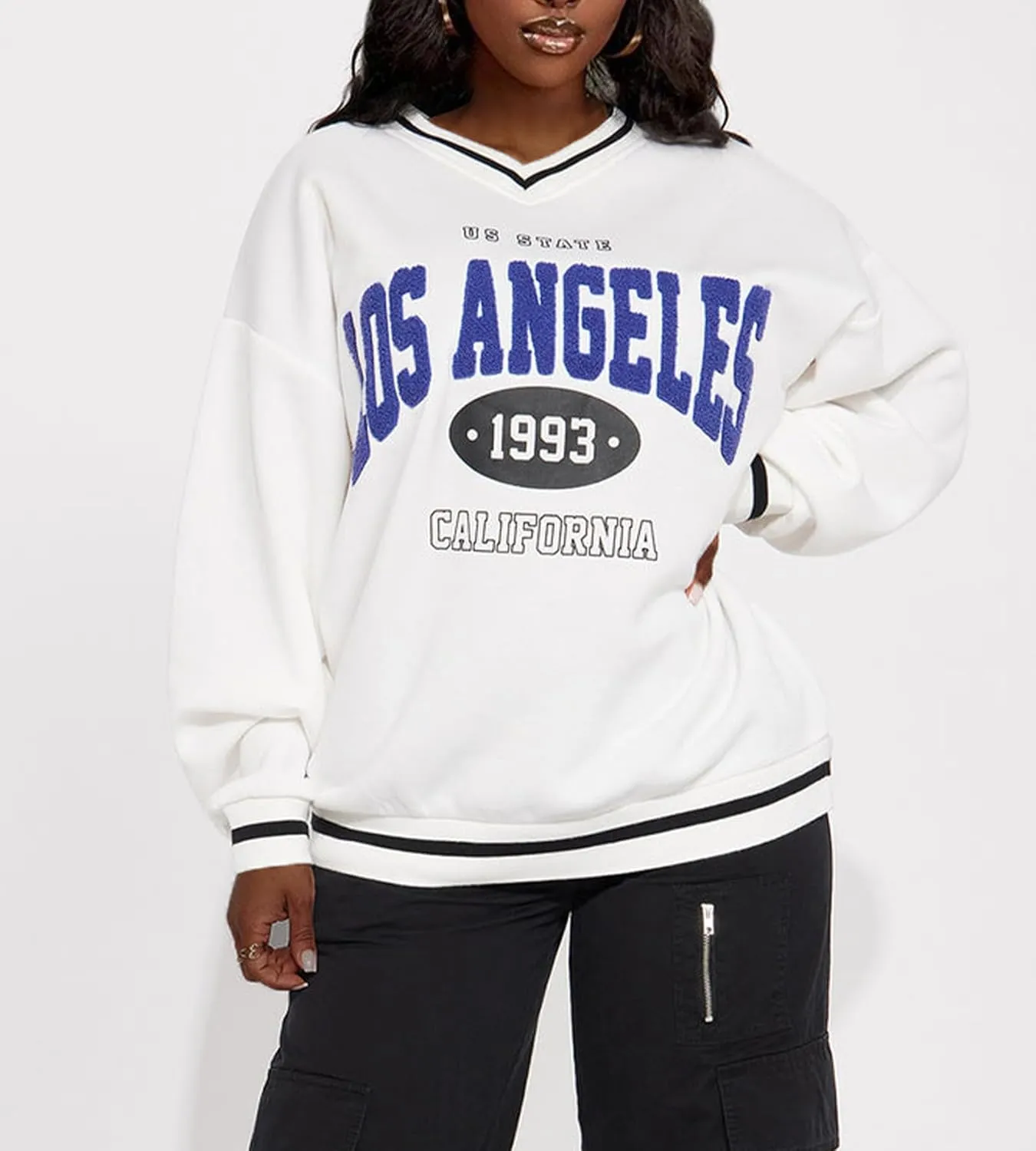LovelyWholesale Women Oversized Graphic Sweatshirt Los Angeles Long Sleeve Shirts V Neck Tops