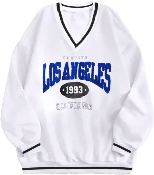 LovelyWholesale Women Oversized Graphic Sweatshirt Los Angeles Long Sleeve Shirts V Neck Tops