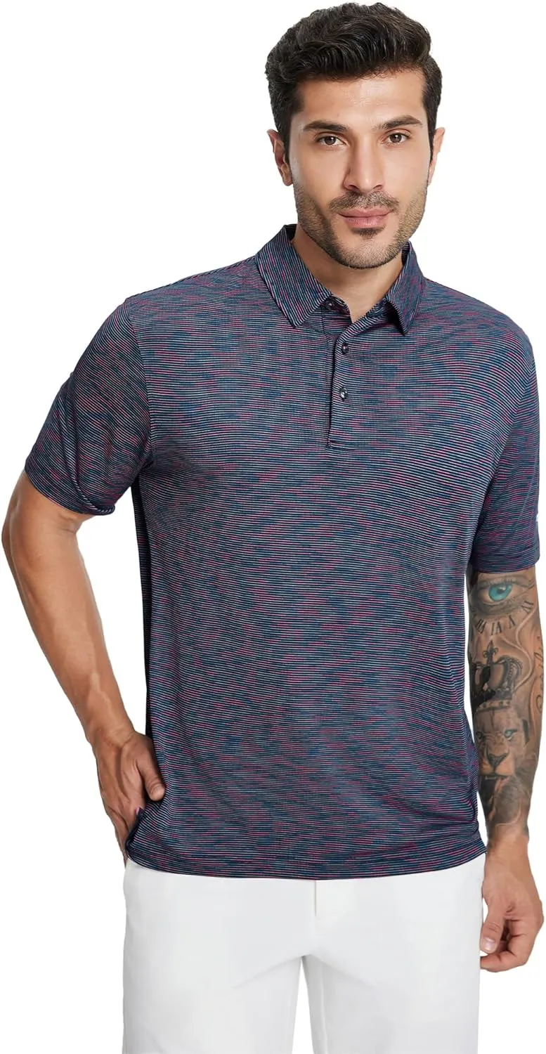 M MAELREG Golf Shirts for Men Print Performance Moisture Wicking Dry Fit Heather Stripe Collared Mens Polo Shirt Short Sleeve