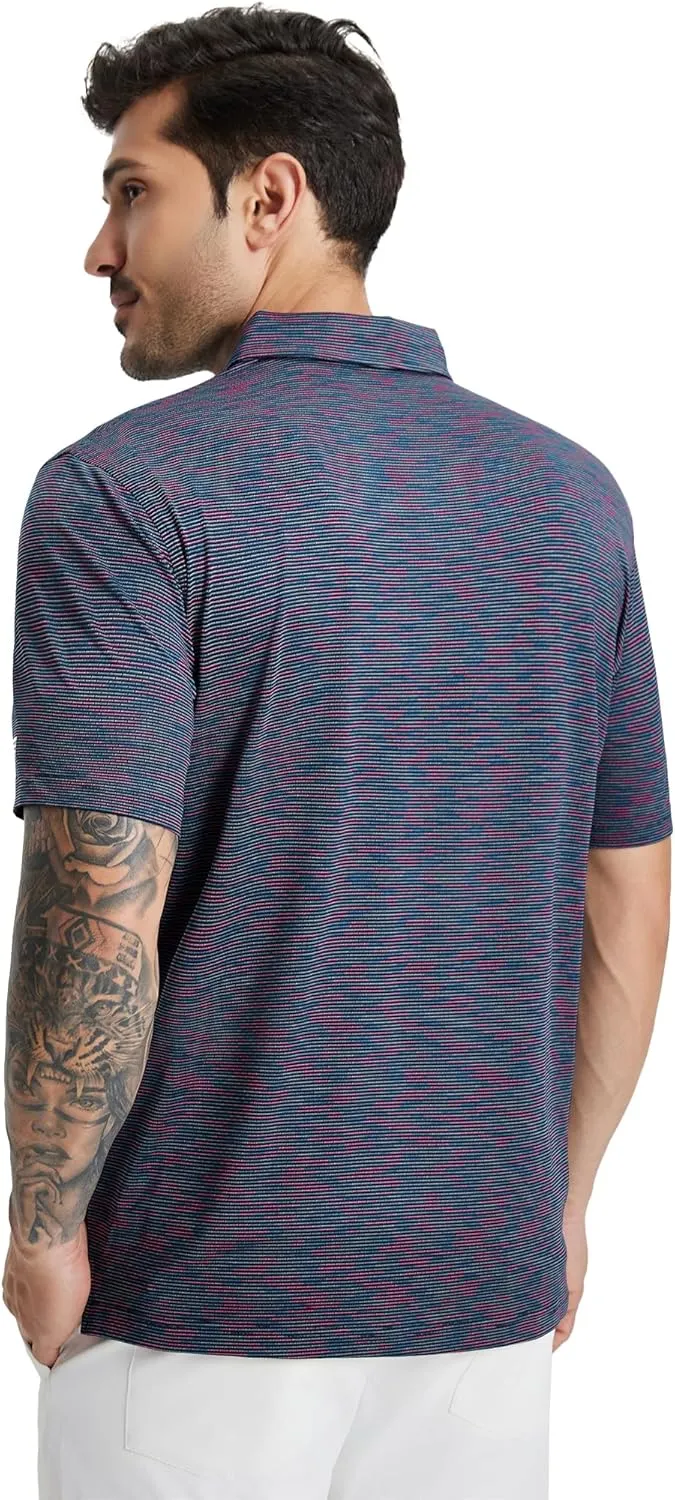 M MAELREG Golf Shirts for Men Print Performance Moisture Wicking Dry Fit Heather Stripe Collared Mens Polo Shirt Short Sleeve