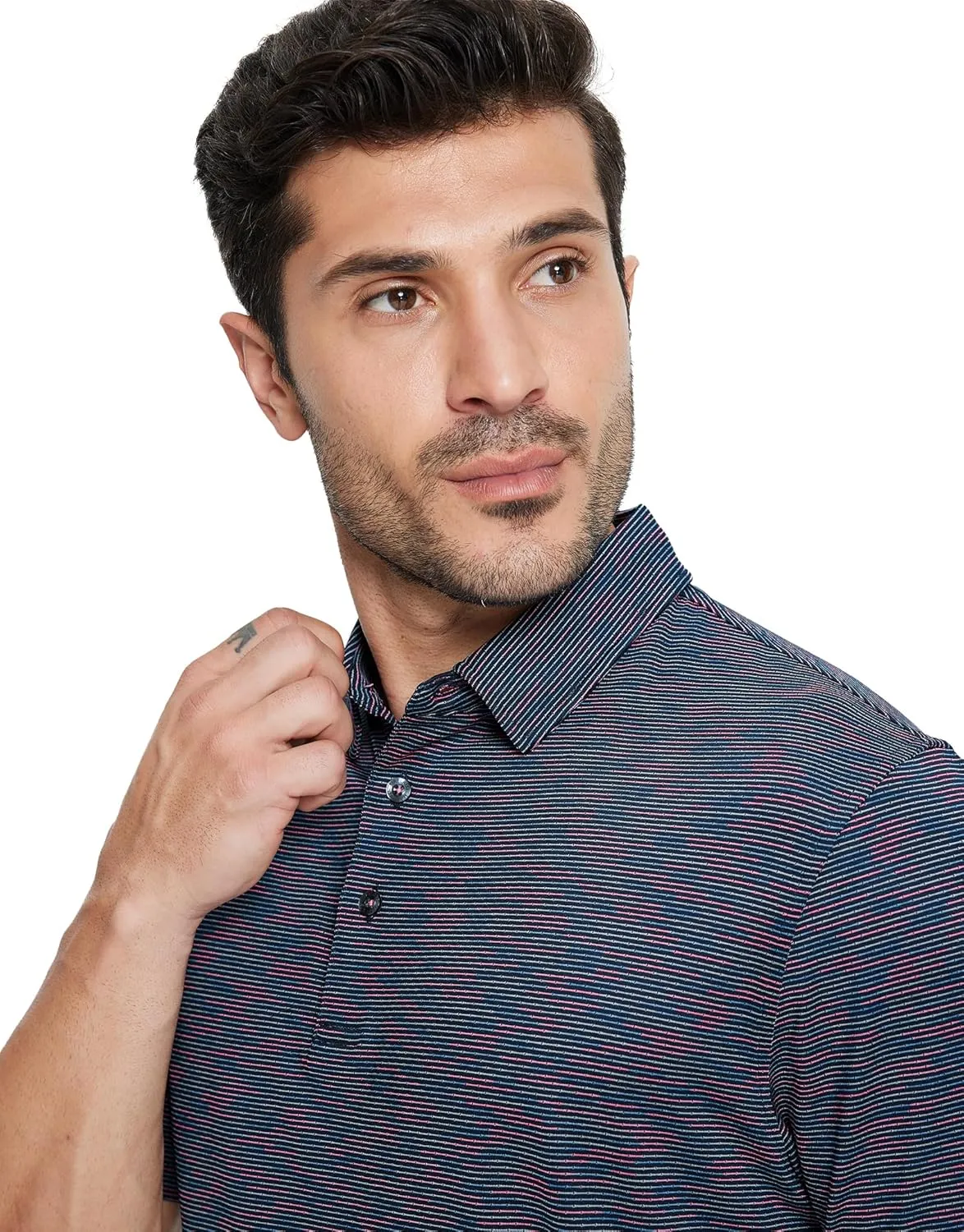 M MAELREG Golf Shirts for Men Print Performance Moisture Wicking Dry Fit Heather Stripe Collared Mens Polo Shirt Short Sleeve
