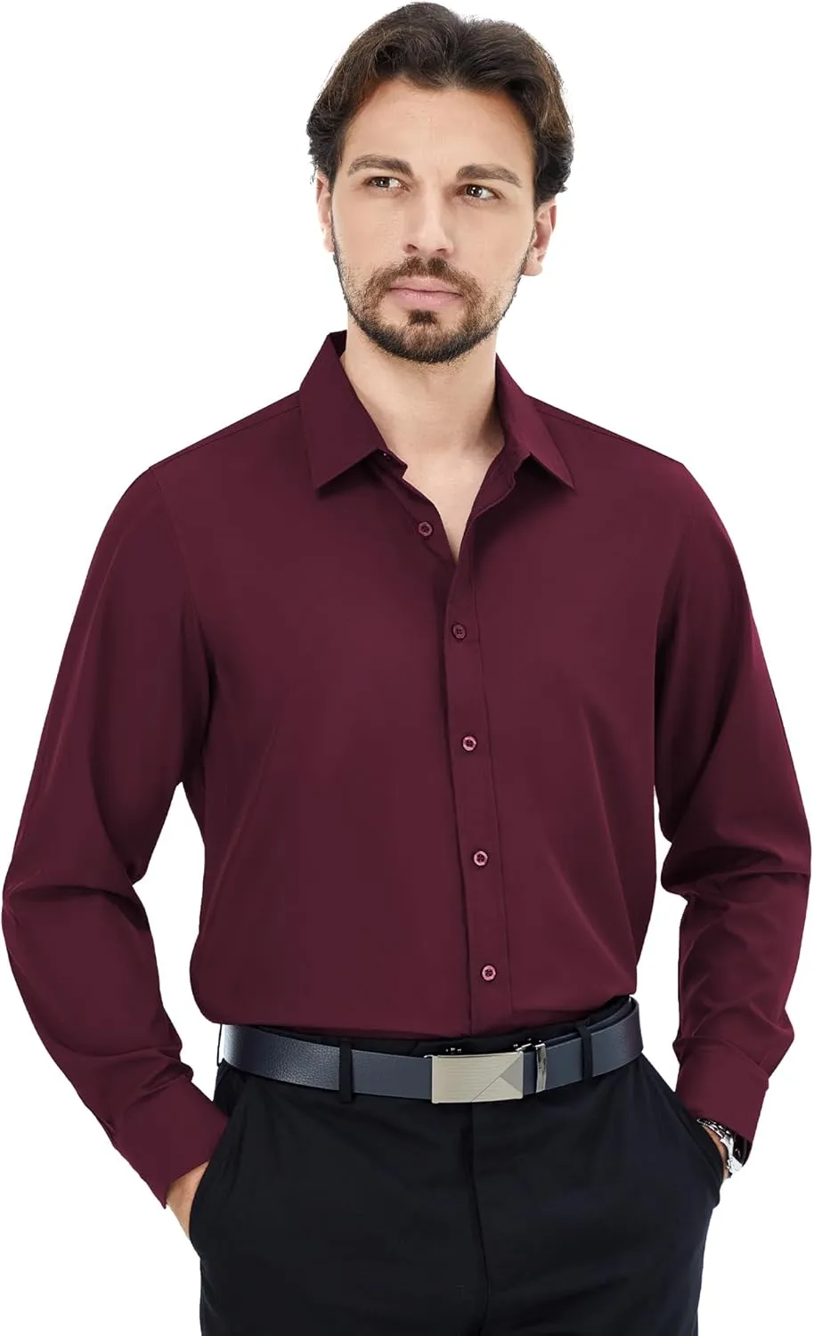 MAGE MALE Men's Dress Shirts Solid Long Sleeve Stretch Wrinkle-Free Formal Shirt Business Casual Button Down Tops