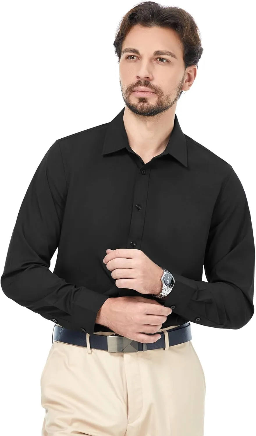 MAGE MALE Men's Dress Shirts Solid Long Sleeve Stretch Wrinkle-Free Formal Shirt Business Casual Button Down Tops
