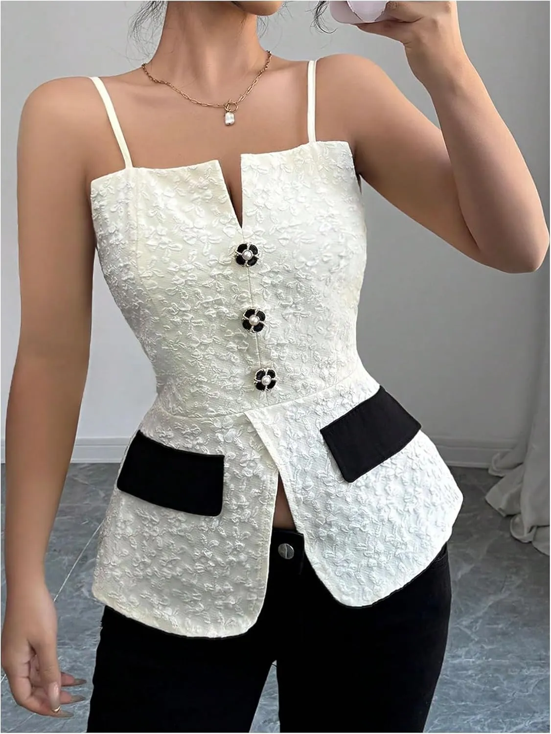 MakeMeChic Women's Elegant Sleeveless Tops Color Block Camisole Top Button Front Backless Camis Shirts