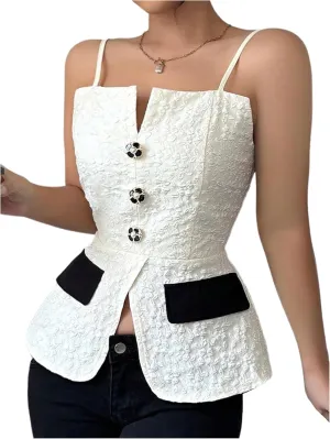 MakeMeChic Women's Elegant Sleeveless Tops Color Block Camisole Top Button Front Backless Camis Shirts