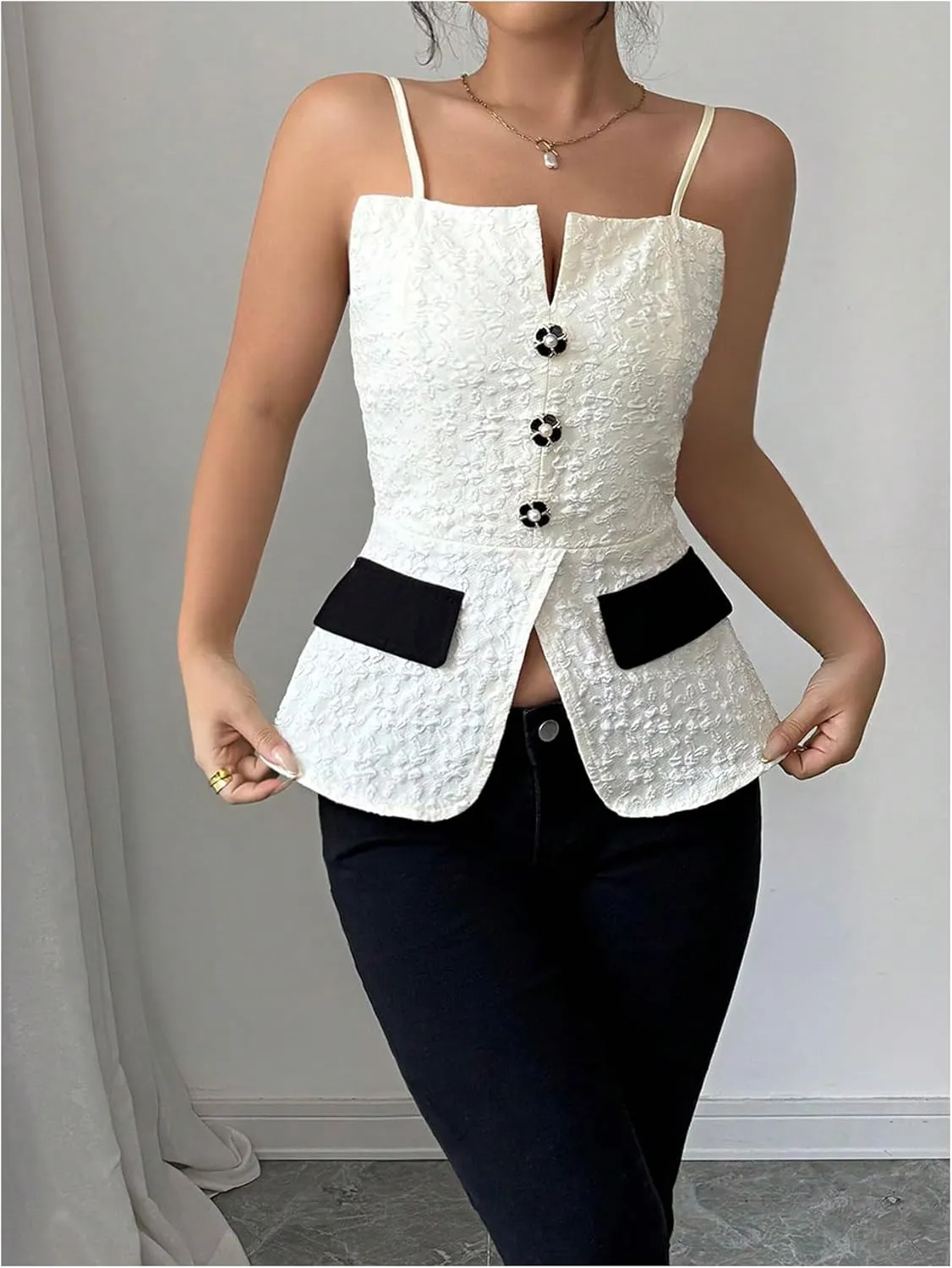 MakeMeChic Women's Elegant Sleeveless Tops Color Block Camisole Top Button Front Backless Camis Shirts