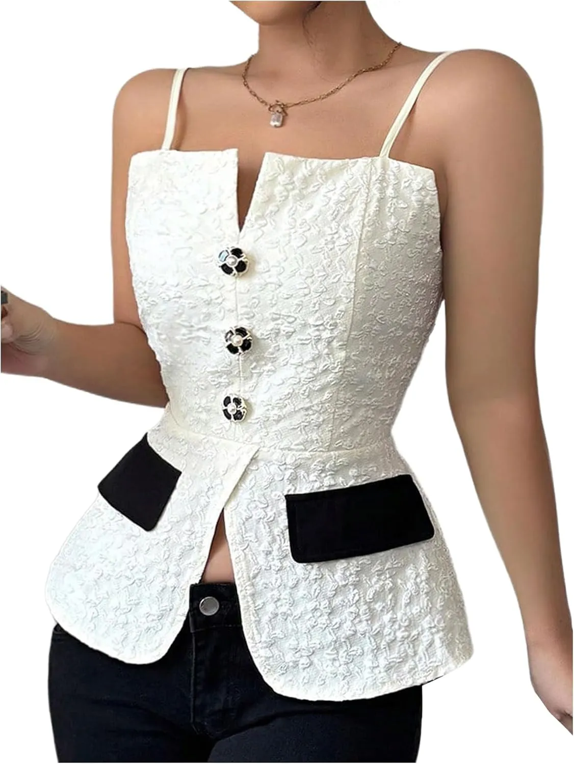 MakeMeChic Women's Elegant Sleeveless Tops Color Block Camisole Top Button Front Backless Camis Shirts