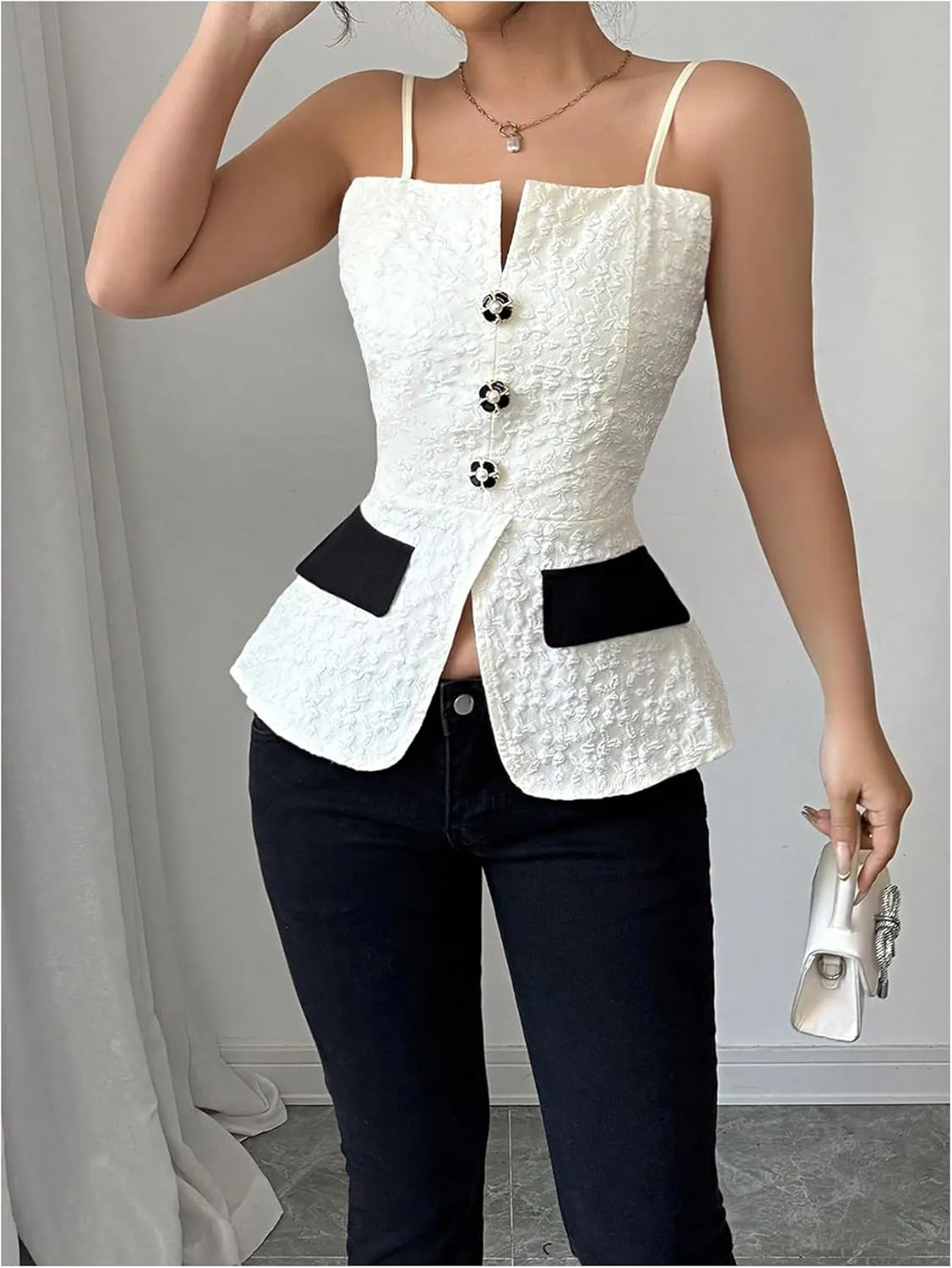 MakeMeChic Women's Elegant Sleeveless Tops Color Block Camisole Top Button Front Backless Camis Shirts