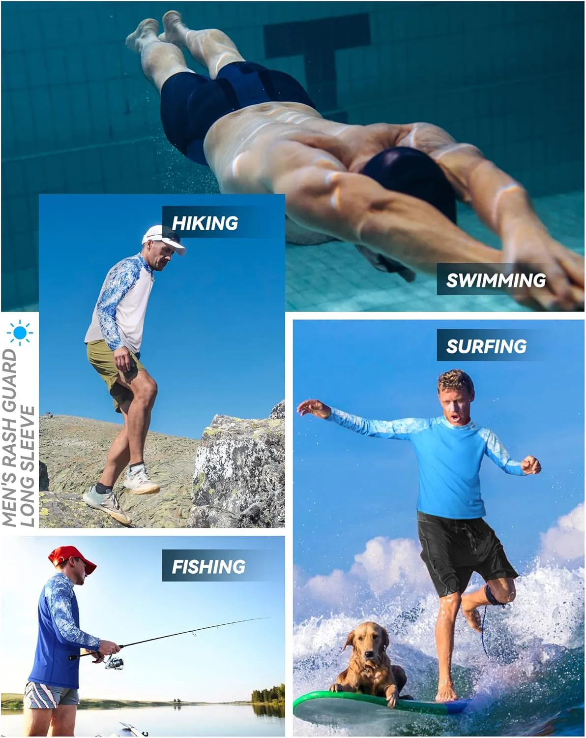 Men Long Sleeve Swim Shirts, UV Sun Protection Rash Guard, UPF 50  Fishing Base Layer