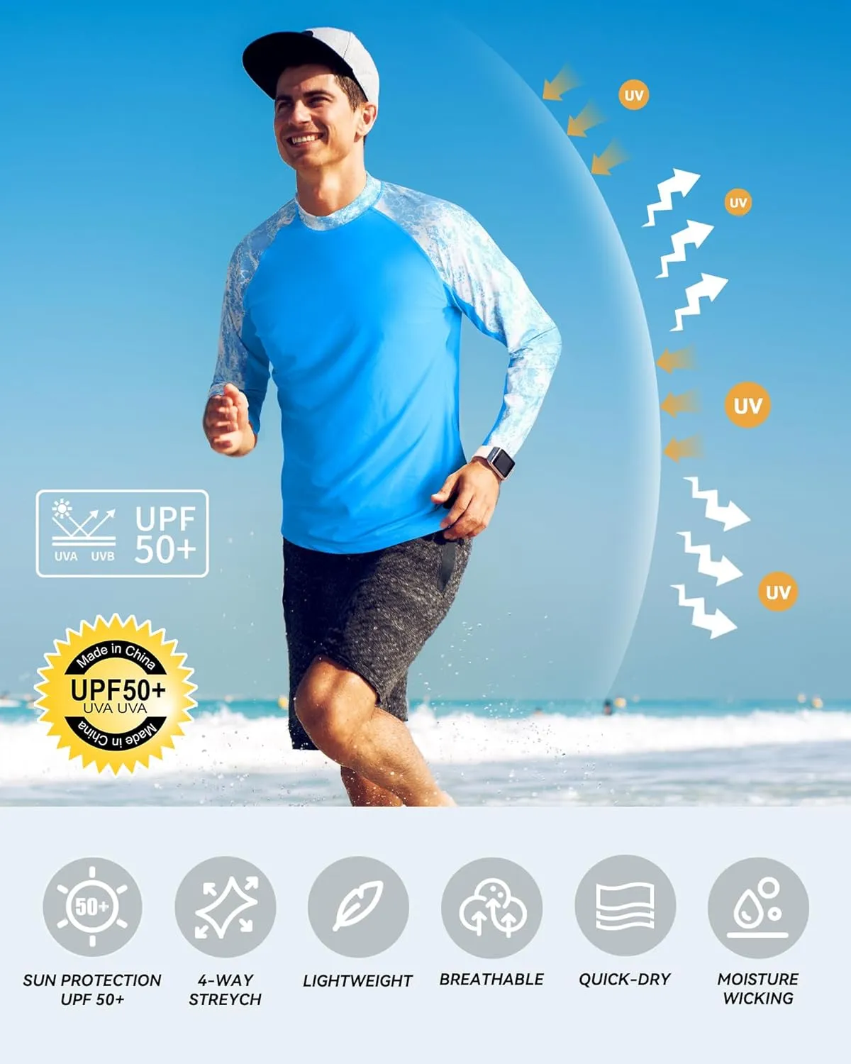 Men Long Sleeve Swim Shirts, UV Sun Protection Rash Guard, UPF 50  Fishing Base Layer