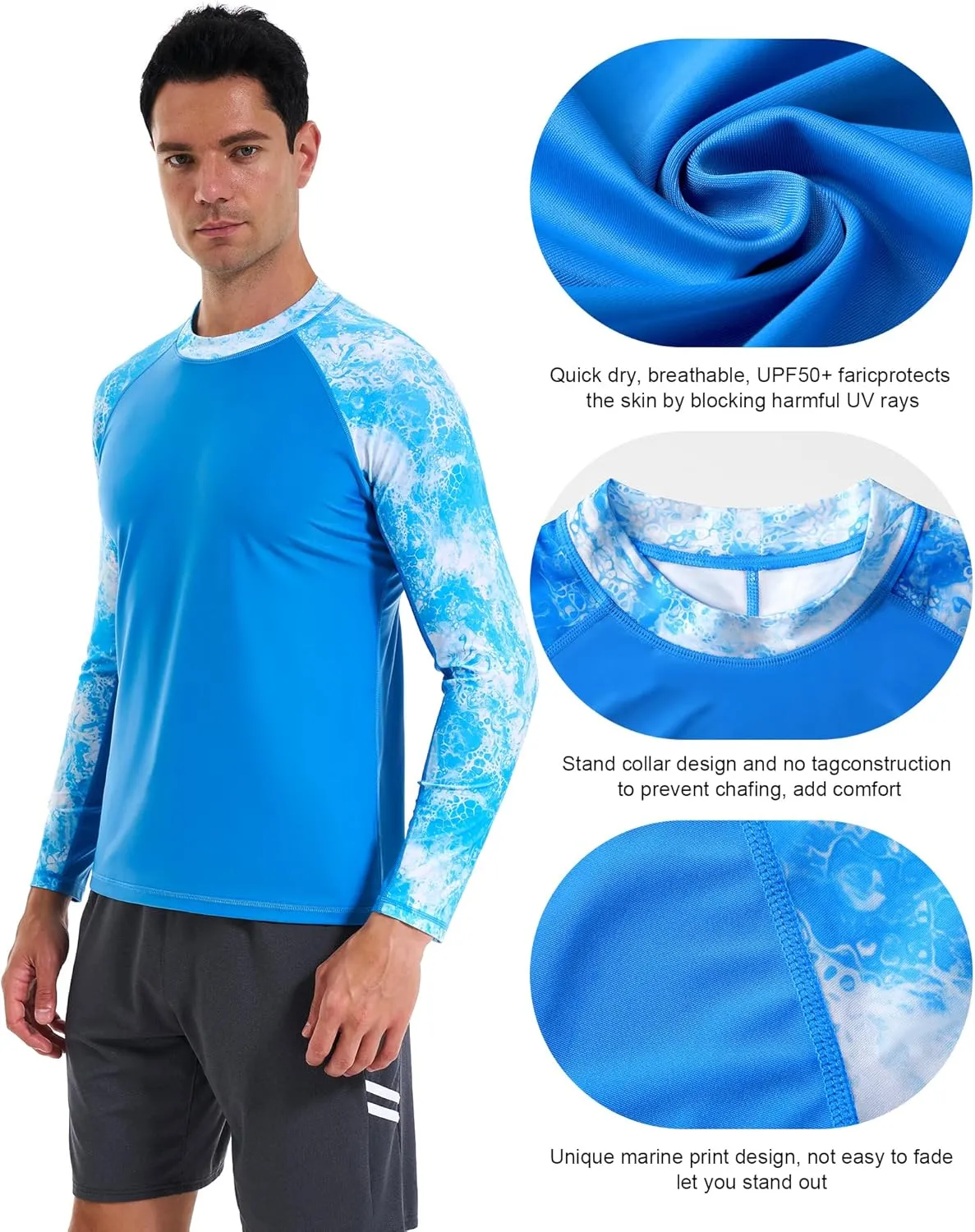 Men Long Sleeve Swim Shirts, UV Sun Protection Rash Guard, UPF 50  Fishing Base Layer