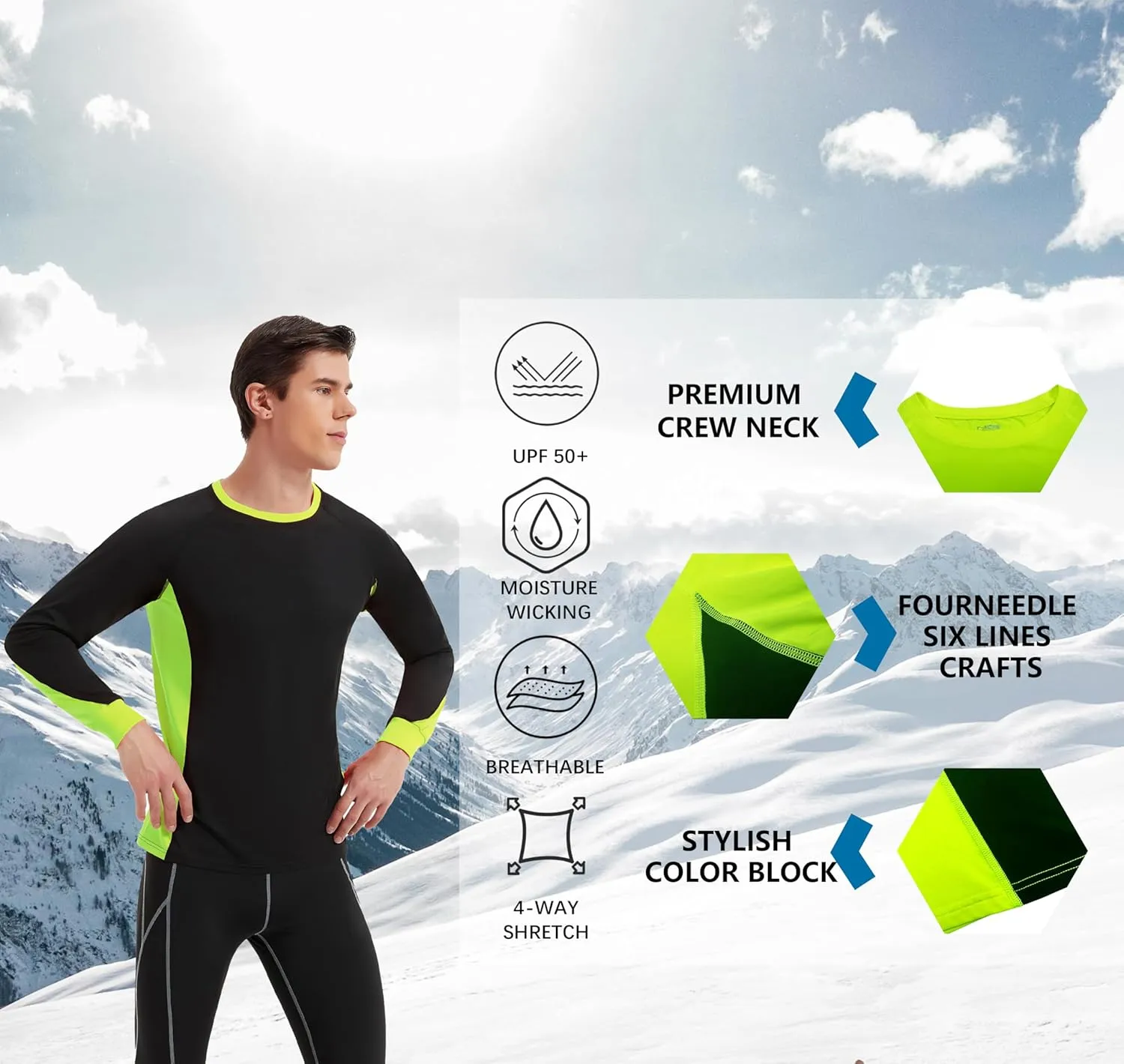 Men's 2-Tone Side Blocked Long Sleeve Crew Neck Slim Fit Active Stretch Shirt
