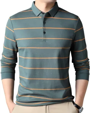 Mens Casual Cotton Striped Slim Fit Long Sleeve Collared T Shirt Polo Shirts