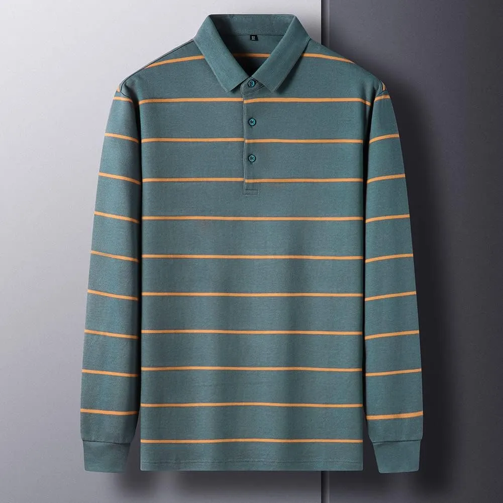 Mens Casual Cotton Striped Slim Fit Long Sleeve Collared T Shirt Polo Shirts