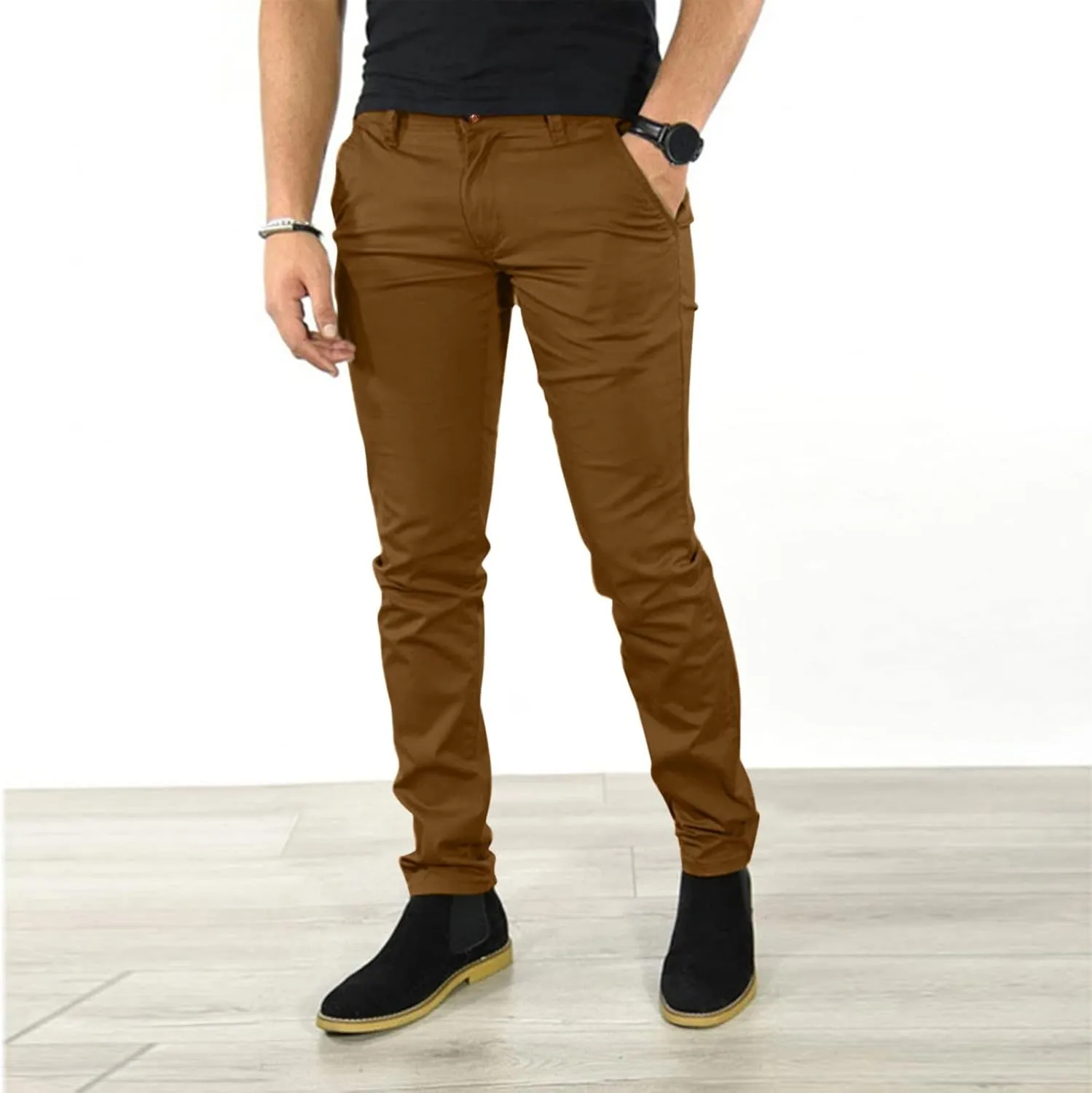 Mens Casual Stretch Dress Pants Slim Fit Solid Color Skinny Long Work Pant Flat-Front Business Golf Dress Chinos Pant