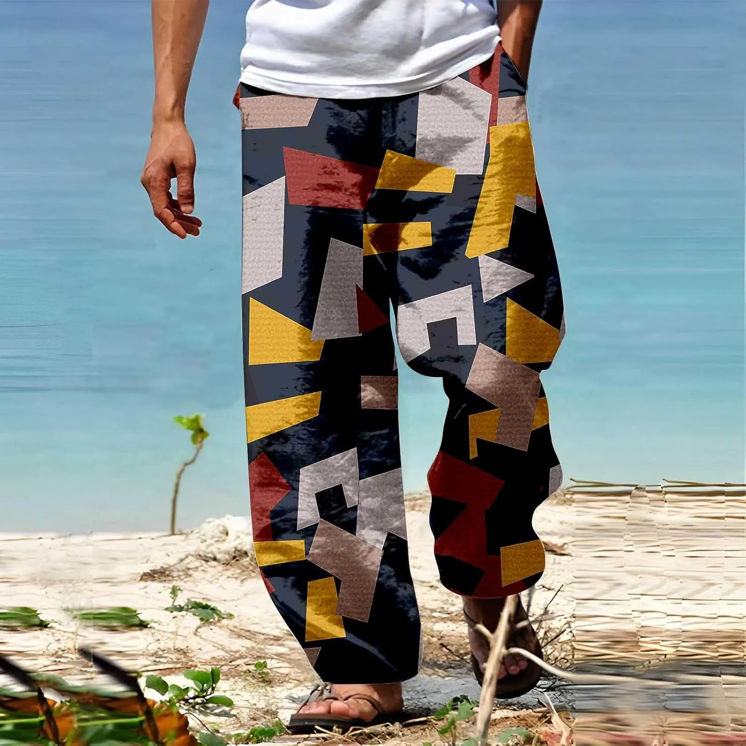Mens Color Patchwork Casual Trousers Quick Dry Lightweight Outdoor Traveling Beach Pants Holiday Vacation Fashion Streetwear