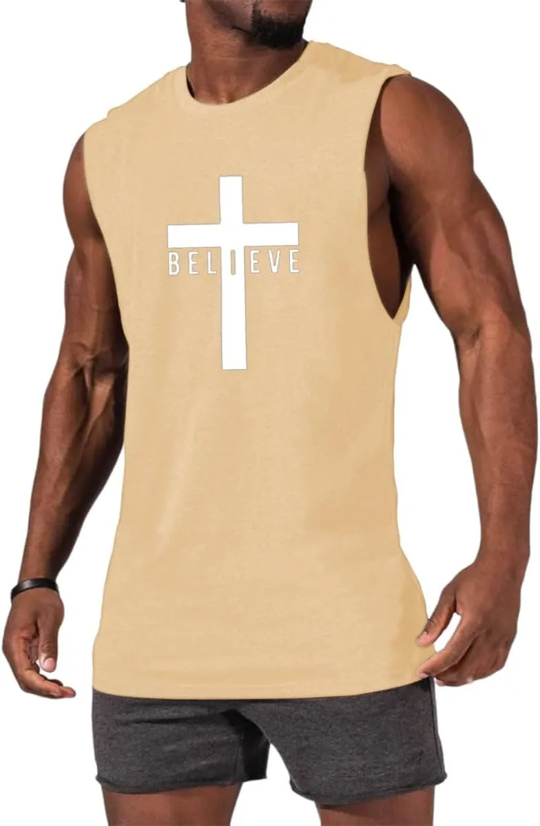 Men's Cotton Graphic Tank Tops Jesus Cross Believe Printed Faith Christian Shirts