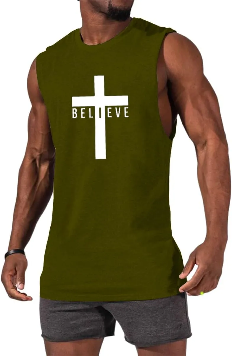 Men's Cotton Graphic Tank Tops Jesus Cross Believe Printed Faith Christian Shirts