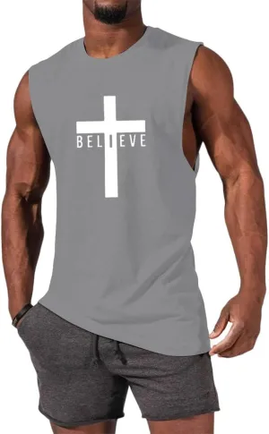 Men's Cotton Graphic Tank Tops Jesus Cross Believe Printed Faith Christian Shirts