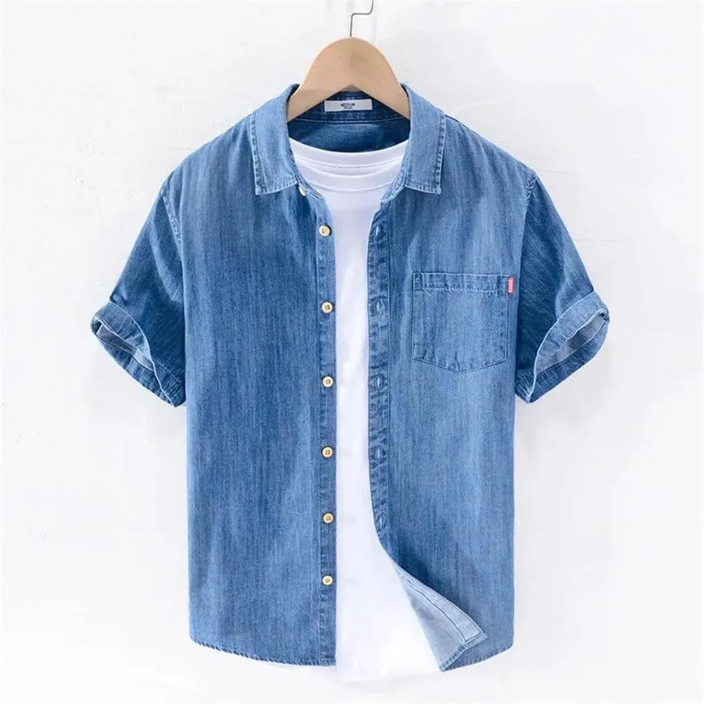 Mens Denim Shirt Summer Casual Loose Short Sleeve Denim Jacket
