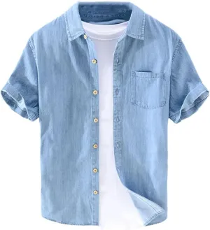 Mens Denim Shirt Summer Casual Loose Short Sleeve Denim Jacket