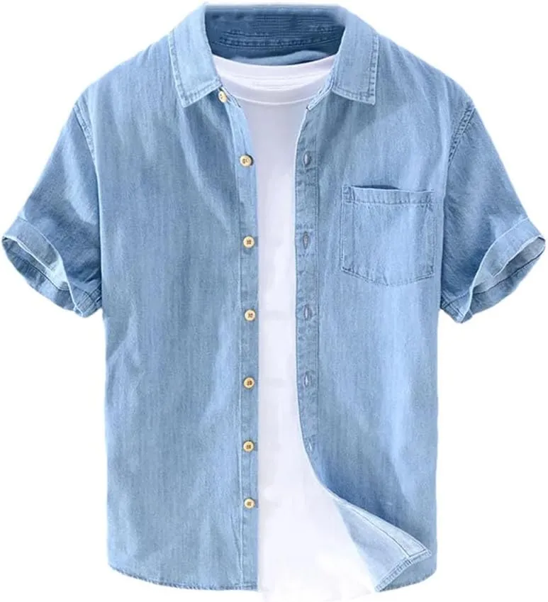 Mens Denim Shirt Summer Casual Loose Short Sleeve Denim Jacket