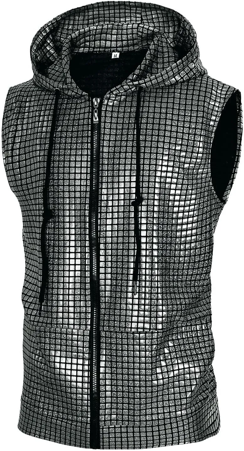 Mens Disco sequin vest metallic Zip Up Shirts 70s Costume with Pocket