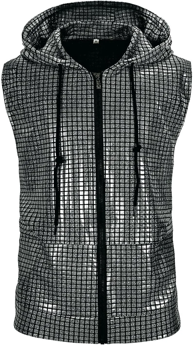 Mens Disco sequin vest metallic Zip Up Shirts 70s Costume with Pocket