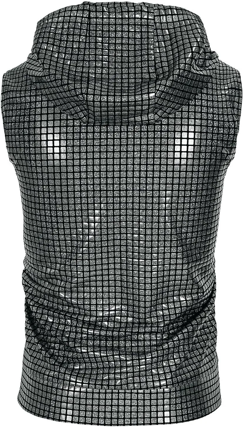 Mens Disco sequin vest metallic Zip Up Shirts 70s Costume with Pocket