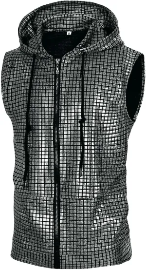Mens Disco sequin vest metallic Zip Up Shirts 70s Costume with Pocket