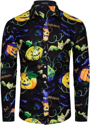 Mens Halloween Shirt Long Sleeve Ugly Pumpkin Casual Button Down Dress Shirts Adult Costume