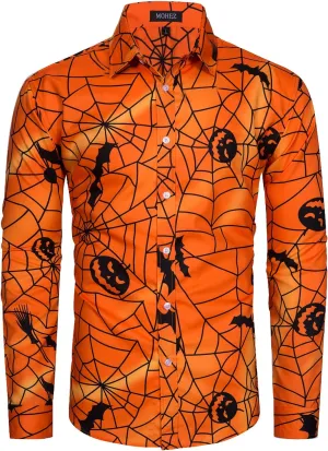 Mens Halloween Shirt Long Sleeve Ugly Pumpkin Casual Button Down Dress Shirts Adult Costume