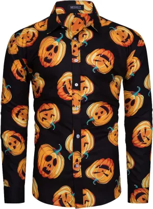 Mens Halloween Shirt Long Sleeve Ugly Pumpkin Casual Button Down Dress Shirts Adult Costume