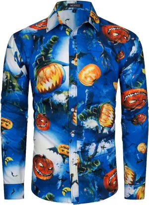 Mens Halloween Shirt Long Sleeve Ugly Pumpkin Casual Button Down Dress Shirts Adult Costume