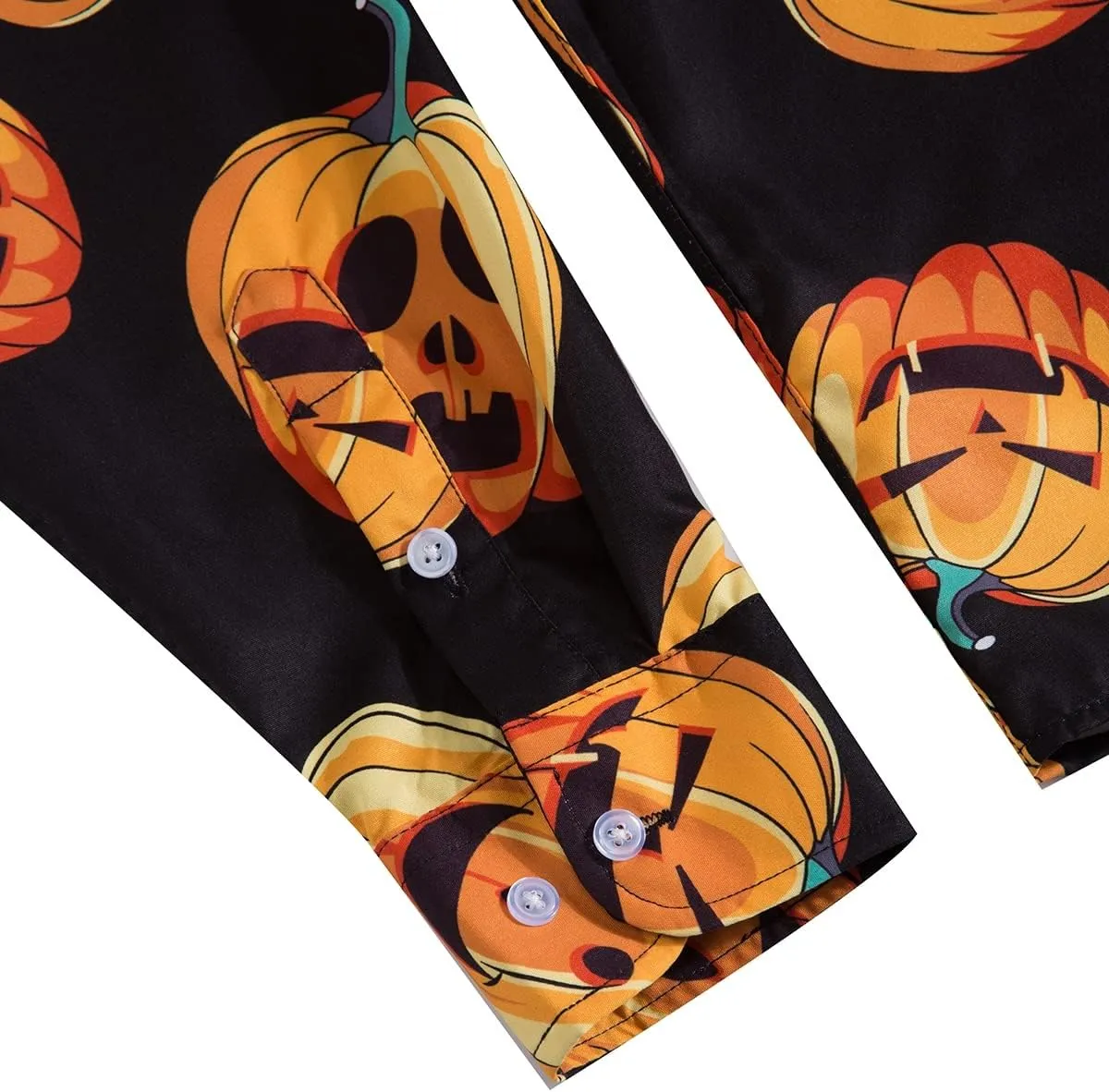 Mens Halloween Shirt Long Sleeve Ugly Pumpkin Casual Button Down Dress Shirts Adult Costume