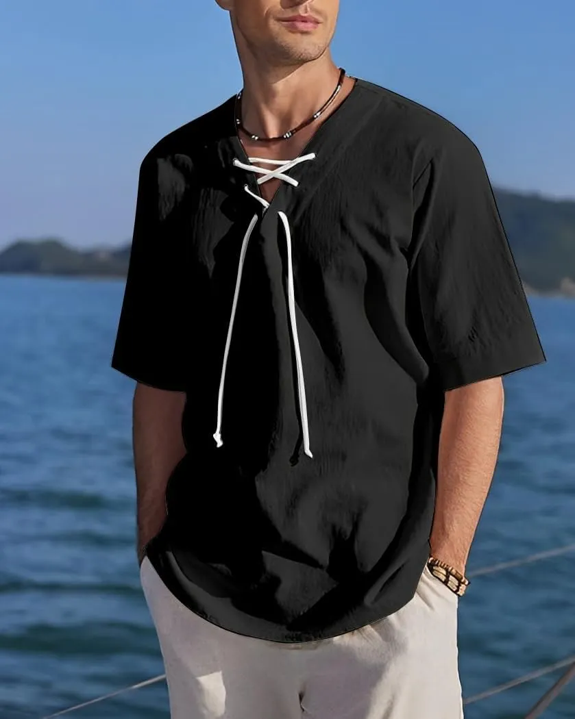 Men's Henley Shirts V-Neck Lace-Up Medieval Beach Resorts Retro Shirt