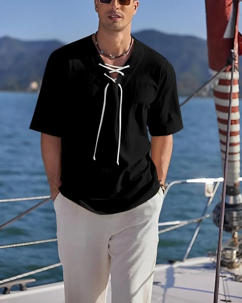 Men's Henley Shirts V-Neck Lace-Up Medieval Beach Resorts Retro Shirt