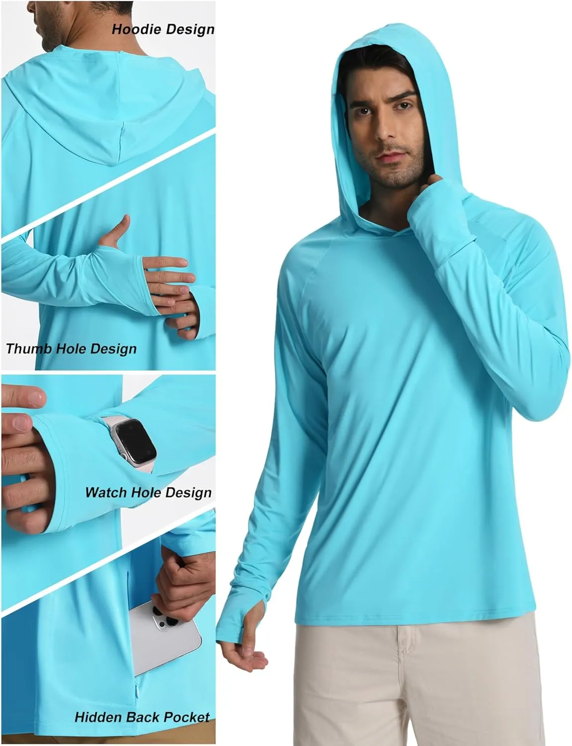 Mens Long Sleeve Fishing Shirts Rash Guard UPF 50  Sun Protection Hoodie Lightweight Quick Dry Beach Swim T-Shirt