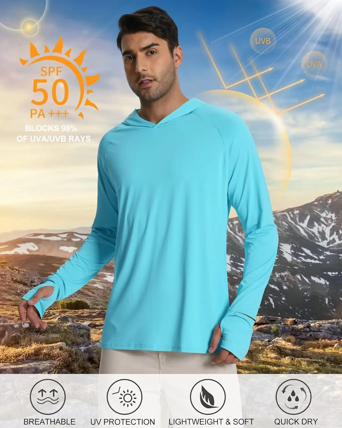 Mens Long Sleeve Fishing Shirts Rash Guard UPF 50  Sun Protection Hoodie Lightweight Quick Dry Beach Swim T-Shirt