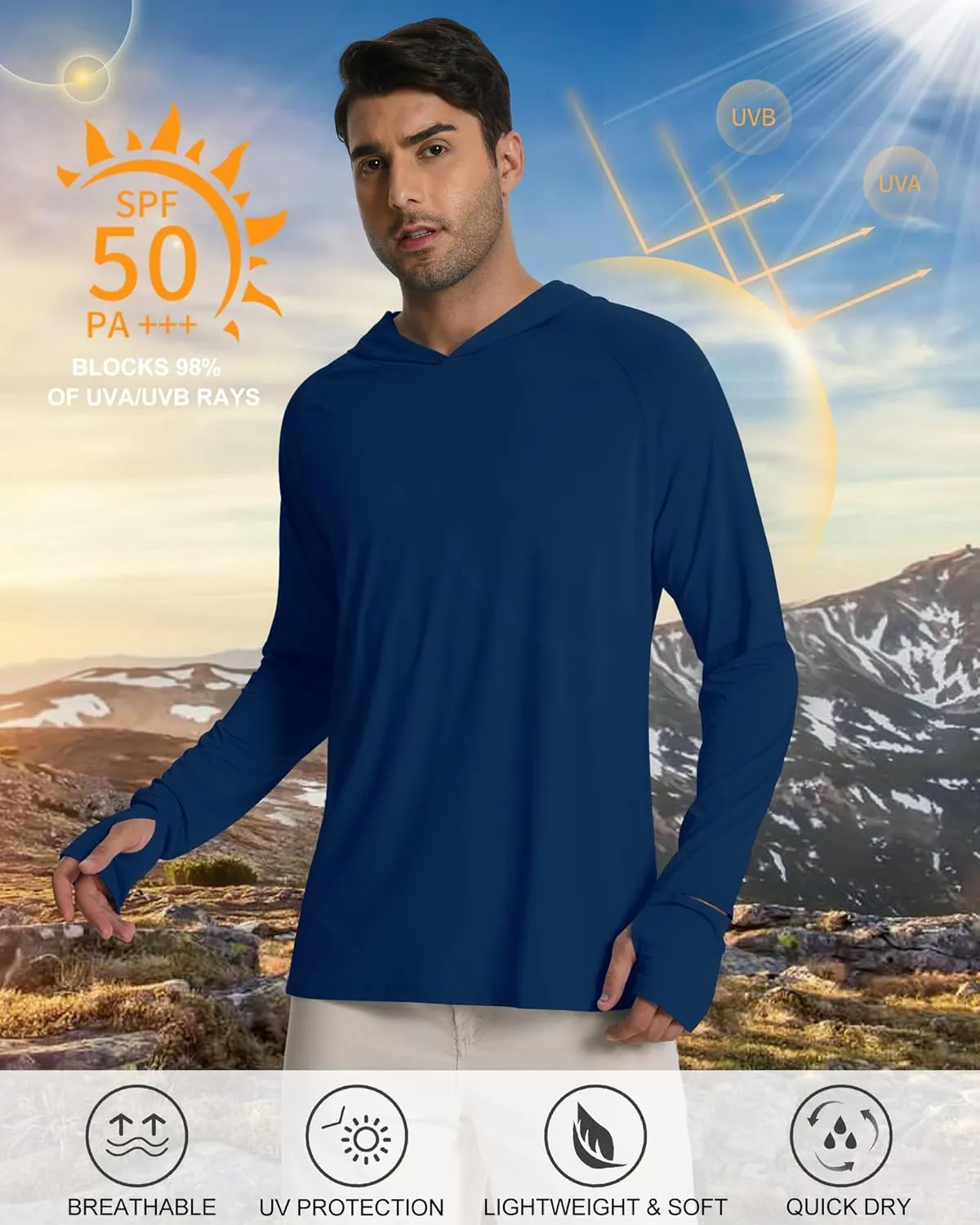 Mens Long Sleeve Fishing Shirts Rash Guard UPF 50  Sun Protection Hoodie Lightweight Quick Dry Beach Swim T-Shirt